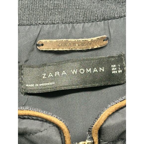 Zara Womens Quilted Vest Size Large Navy Blue Full Zip Pockets Mock Buckle Neck - Picture 6 of 7